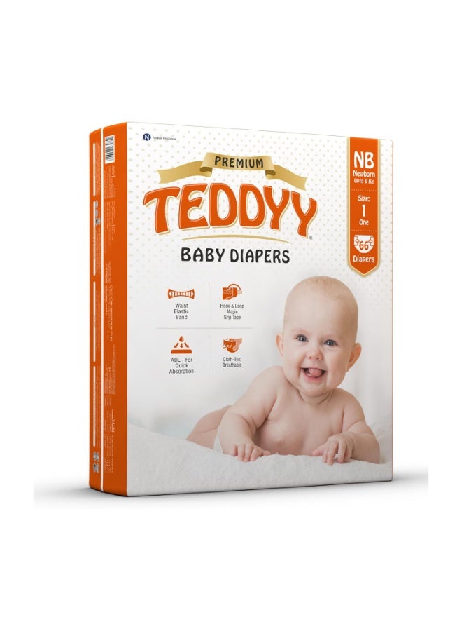 TEDDYY Premium Baby NB Size Diaper Tape Style | 66 Count (New Born) | 2-5 kgs (Pack of 1) | Quick Absorbency | Extra Super Soft | Anti - Bacterial | Colour Changing Wetness Indicator with Adjustable Grip Tapes - Image 1