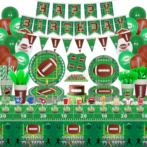 LKITMIUT 225 Pack Football Birthday Party Decorations Football Party Supplies Tailgate Party Decor Sports Game Tableware Set Football Theme Plates Balloons Banners Tablecloth Cups Napkins Serves 20 - Image 1