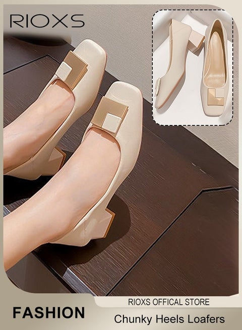 حذاء نسائي مغلق بمقدمة مربعة، حذاء سهل الارتداء بكعب سميك، حذاء أنيق ومريح بكعب منخفض للسيدات، حذاء مكتب خفيف الوزن ومقاوم للانزلاق مع مشبك معدني، حذاء أنيق ورسمي بكعب سميك للمكتب/العمل/الأعمال/الحفلات/حفلات الزفاف/المواعيد الغرامية والمزيد، لون بيج
