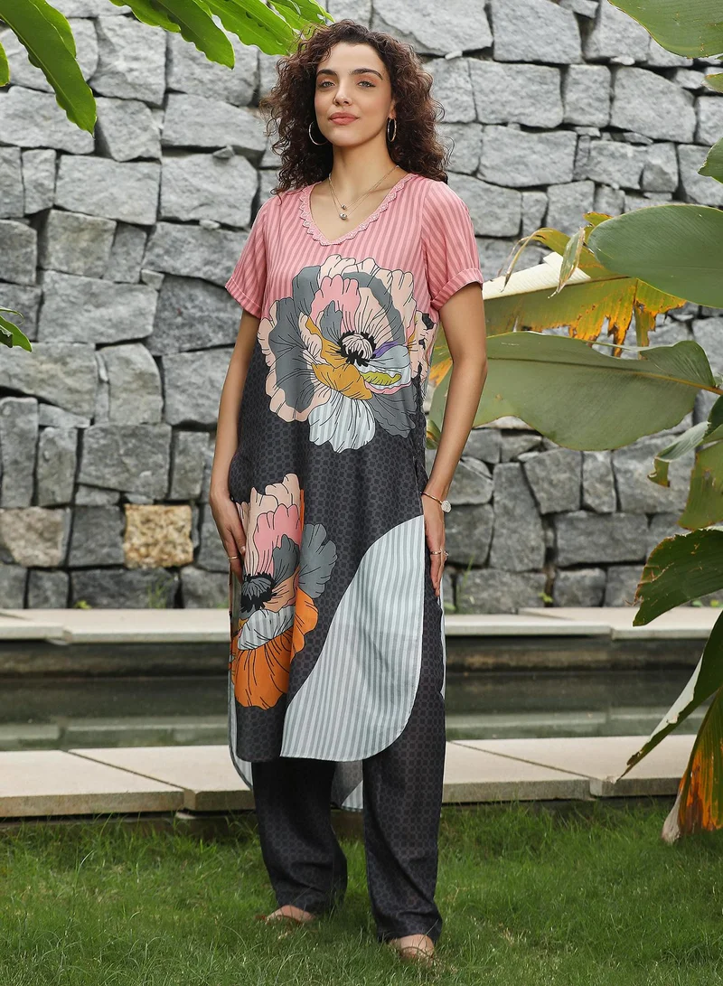 Qissa  Women's Rouge Pink & Midnight Black Chantilly Bloom Kurta Set for Women | Best Price UAE