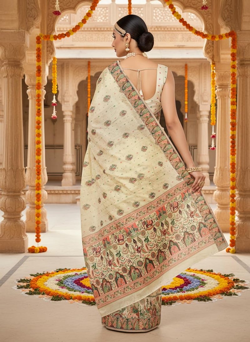 Glory Sarees Women's Silk Blend Madhubani Saree With Blouse Piece (Madhubani101_White) - Image 5