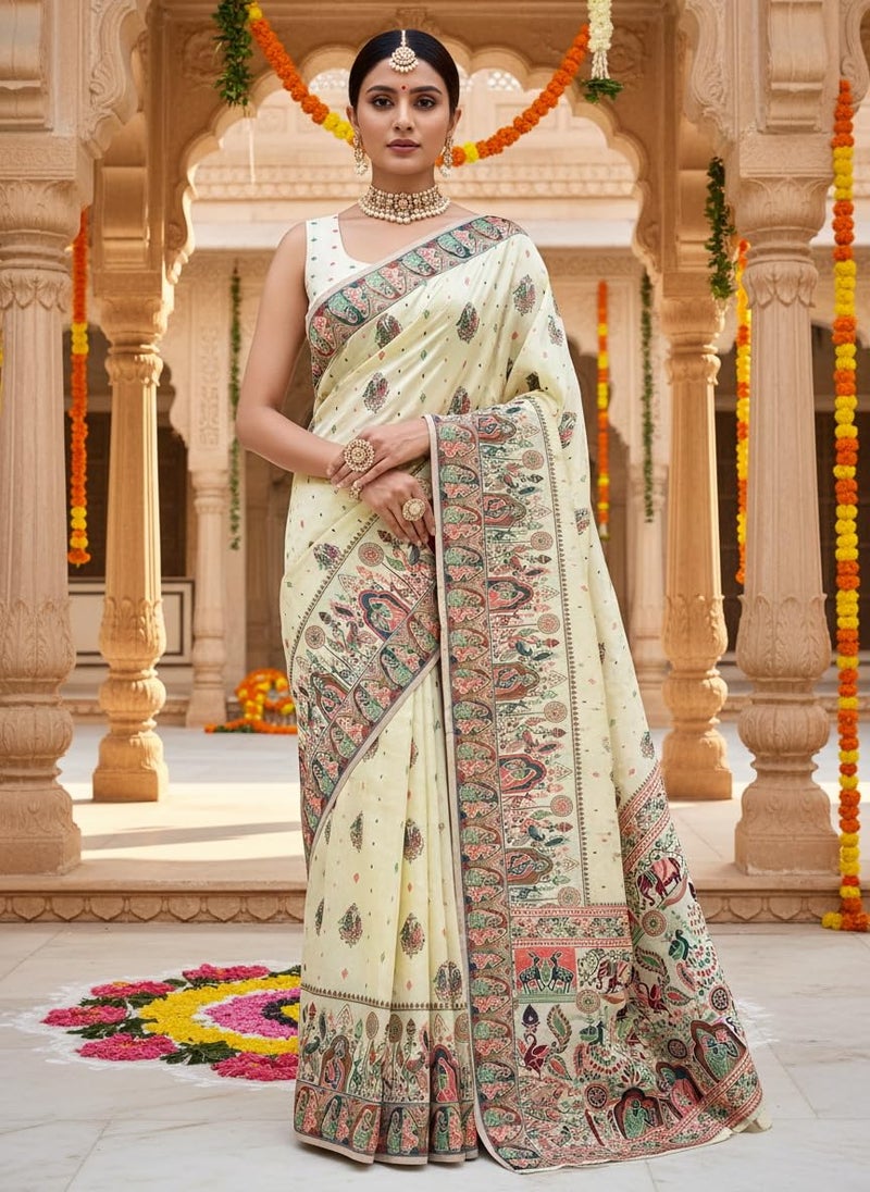 Glory Sarees Women's Silk Blend Madhubani Saree With Blouse Piece (Madhubani101_White) - Image 3