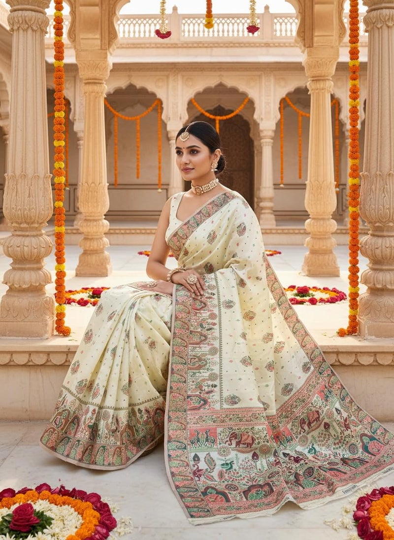 Glory Sarees Women's Silk Blend Madhubani Saree With Blouse Piece (Madhubani101_White) - Image 2