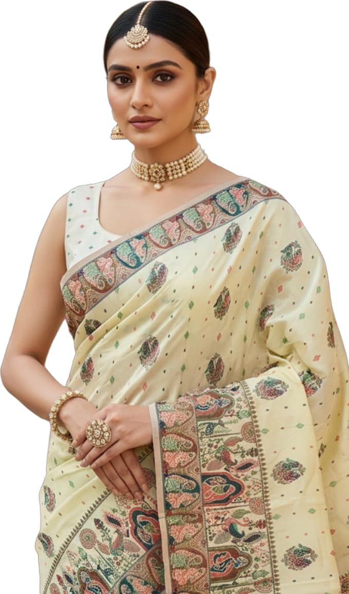 Glory Sarees Women's Silk Blend Madhubani Saree With Blouse Piece (Madhubani101_White) - Image 1