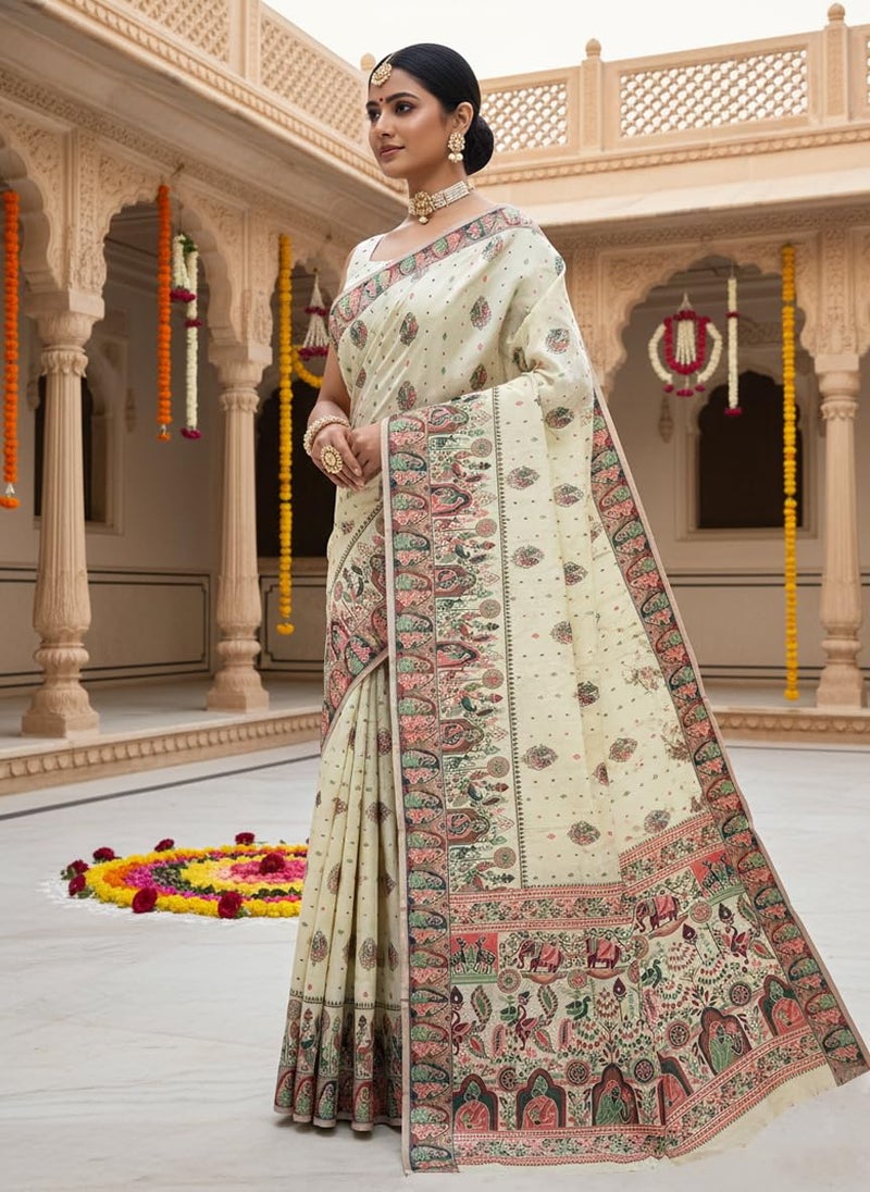 Glory Sarees Women's Silk Blend Madhubani Saree With Blouse Piece (Madhubani101_White) - Image 4