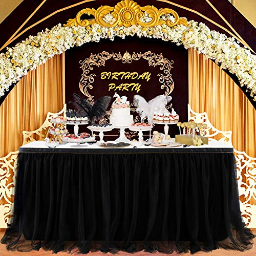 Suppromo Suppromo 9ft Black Table Skirts for Rectangle Tables or Round Tables Black Tutu Table Cloth for Black Gold Happy Birthday Party Wedding Baby Shower Graduation Halloween Party Decorations 