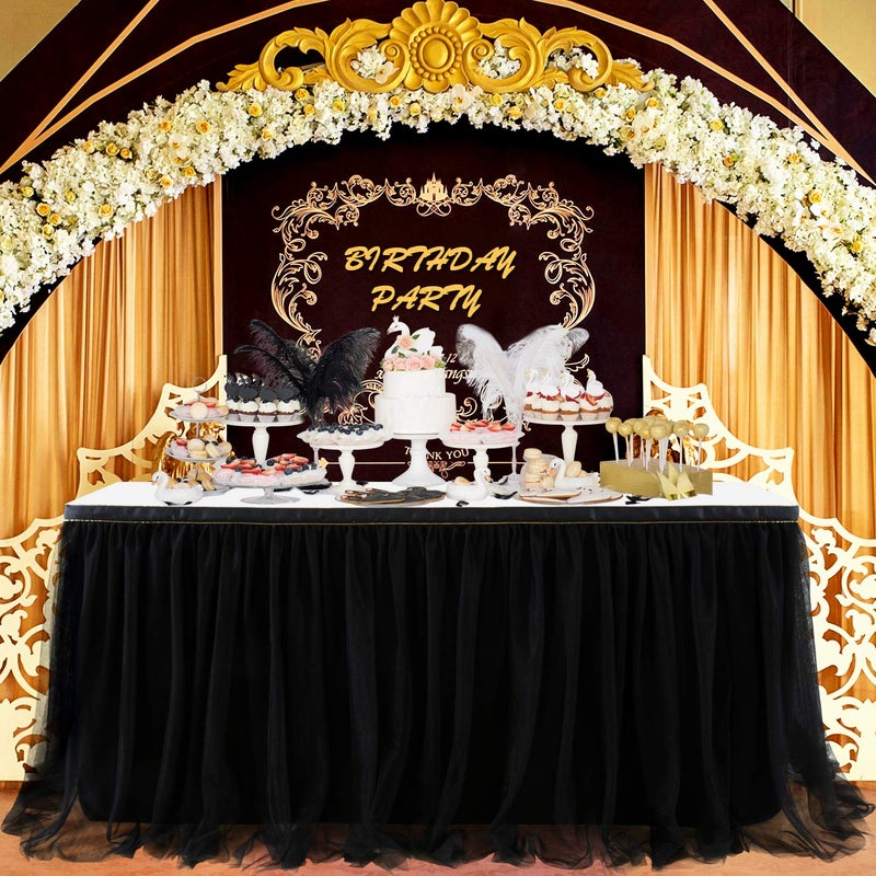 Suppromo 9ft Black Table Skirts for Rectangle Tables or Round Tables Black Tutu Table Cloth for Black Gold Happy Birthday Party Wedding Baby Shower Graduation Halloween Party Decorations