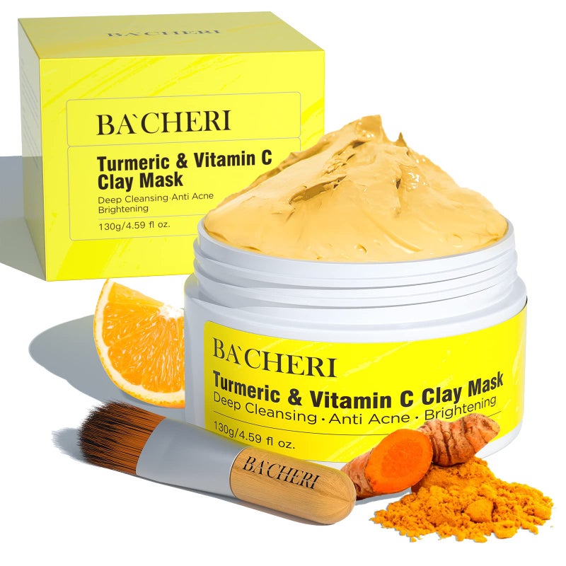 BACHERI Turmeric Vitamin C Clay Mask # 130g, Blackheads Acne Dark Spots Remover with Turmeric Extract, Glowing Skin, Refining Pores and Controlling Oil - Image 1