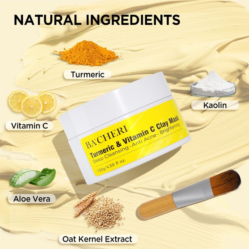 BACHERI Turmeric Vitamin C Clay Mask # 130g, Blackheads Acne Dark Spots Remover with Turmeric Extract, Glowing Skin, Refining Pores and Controlling Oil - Image 3