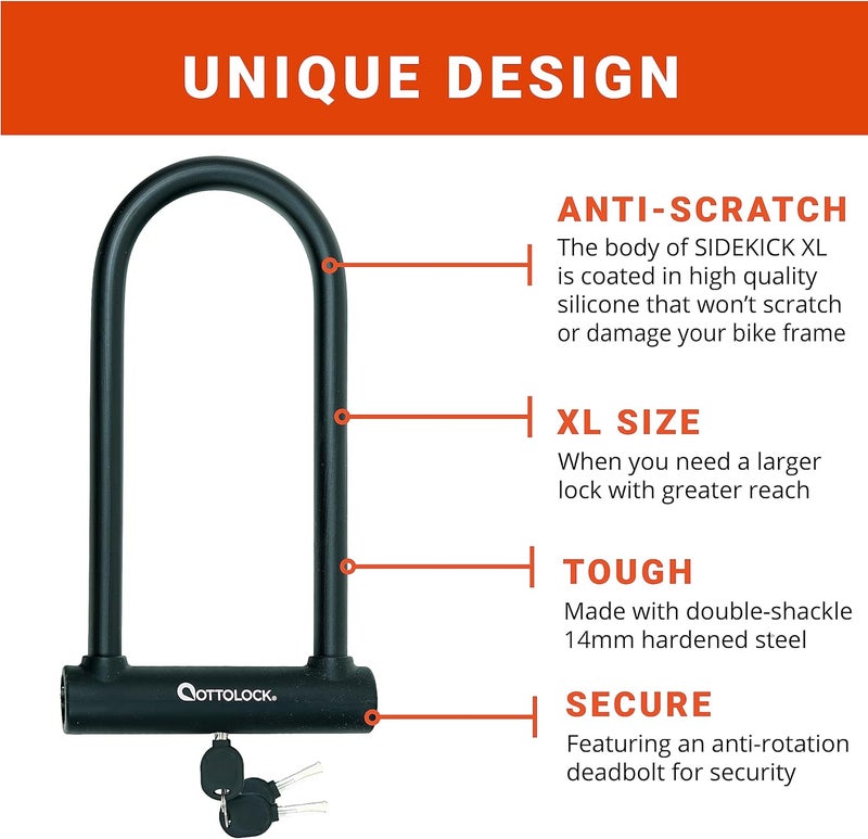 OTTOLOCK Sidekick XL Full-Size U-Lock - Heavy Duty Anti Theft Bicycle U-Lock with Keys, Silicone-Coated, Bike Accessories, Black - Image 3