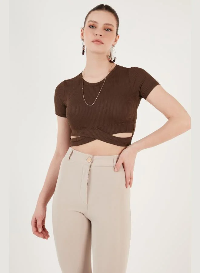 Lela Lela Ribbed Waist Detail Short Sleeve Slim Fit Crop Blouse Women's Blouse 5864211