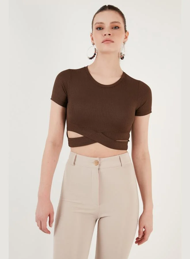 Lela Lela Ribbed Waist Detail Short Sleeve Slim Fit Crop Blouse Women's Blouse 5864211