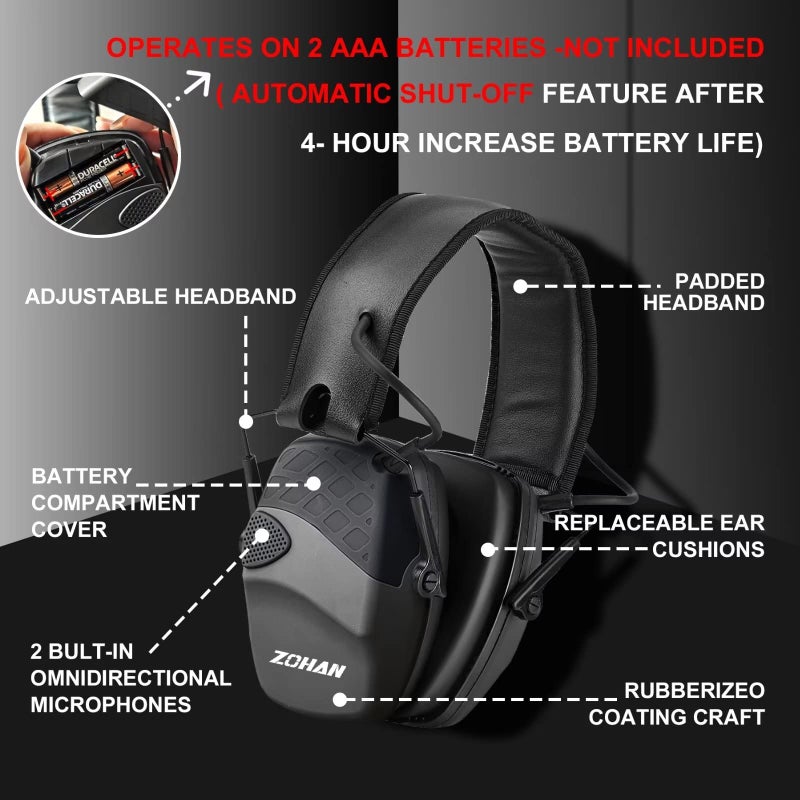 ZOHAN EM054 Electronic Ear Protection for Shooting Range with Sound Amplification Noise Reduction, Ear Muffs for Gun Range (Black) - Image 5