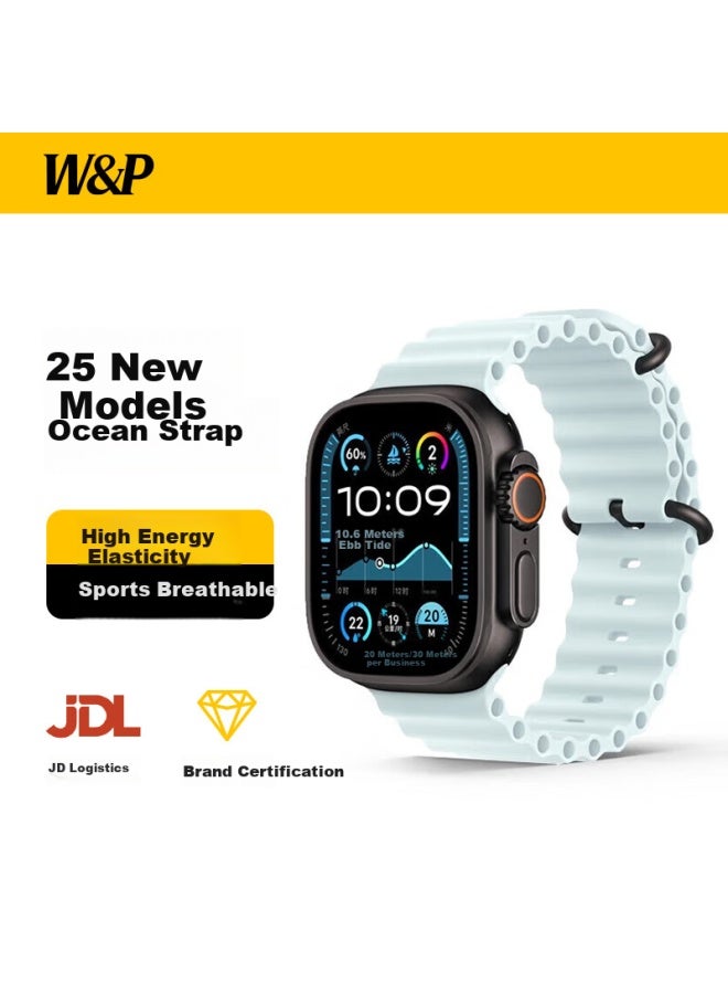 New Apple Watch Band Apple Watch Ultra2 Ocean Silicone Double Buckle Loop Band Iwatch S10/9/8/Se Black Ice Blue 45