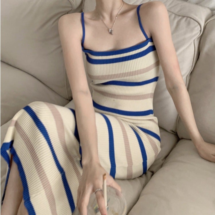 Chanel-style Striped Sweater Skirt Summer Womens Clothing Little Knitted Tea Break French Sling dress Inner Strap Picture color