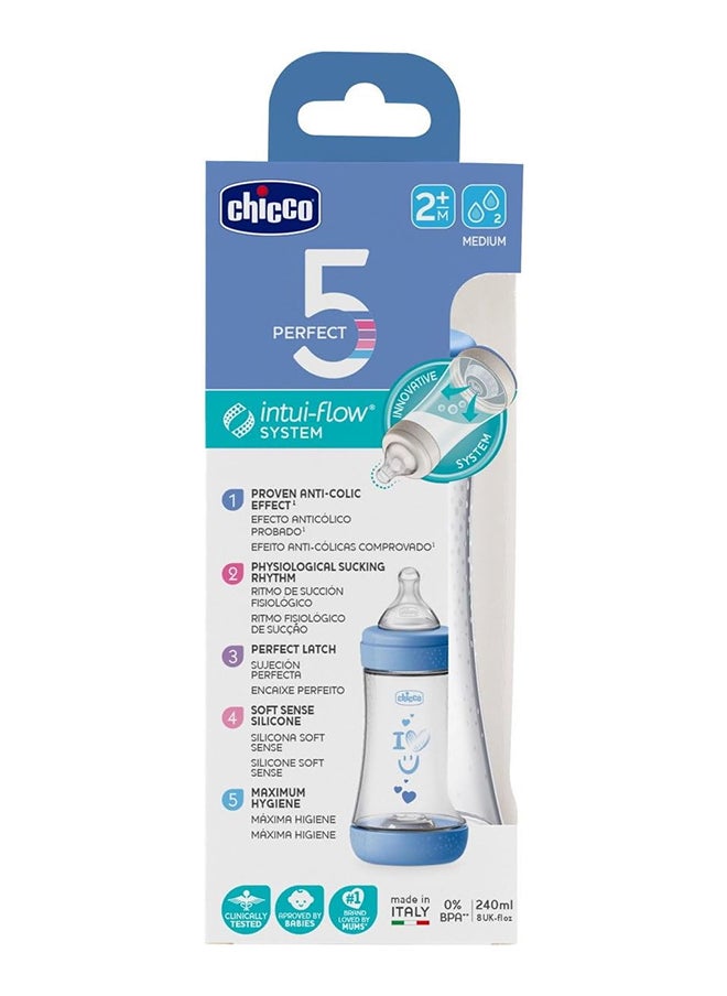 Chicco - Perfect 5 Silicone Feeding Bottle 240ML, Medium Flow, 2M+, Blue - Image 1