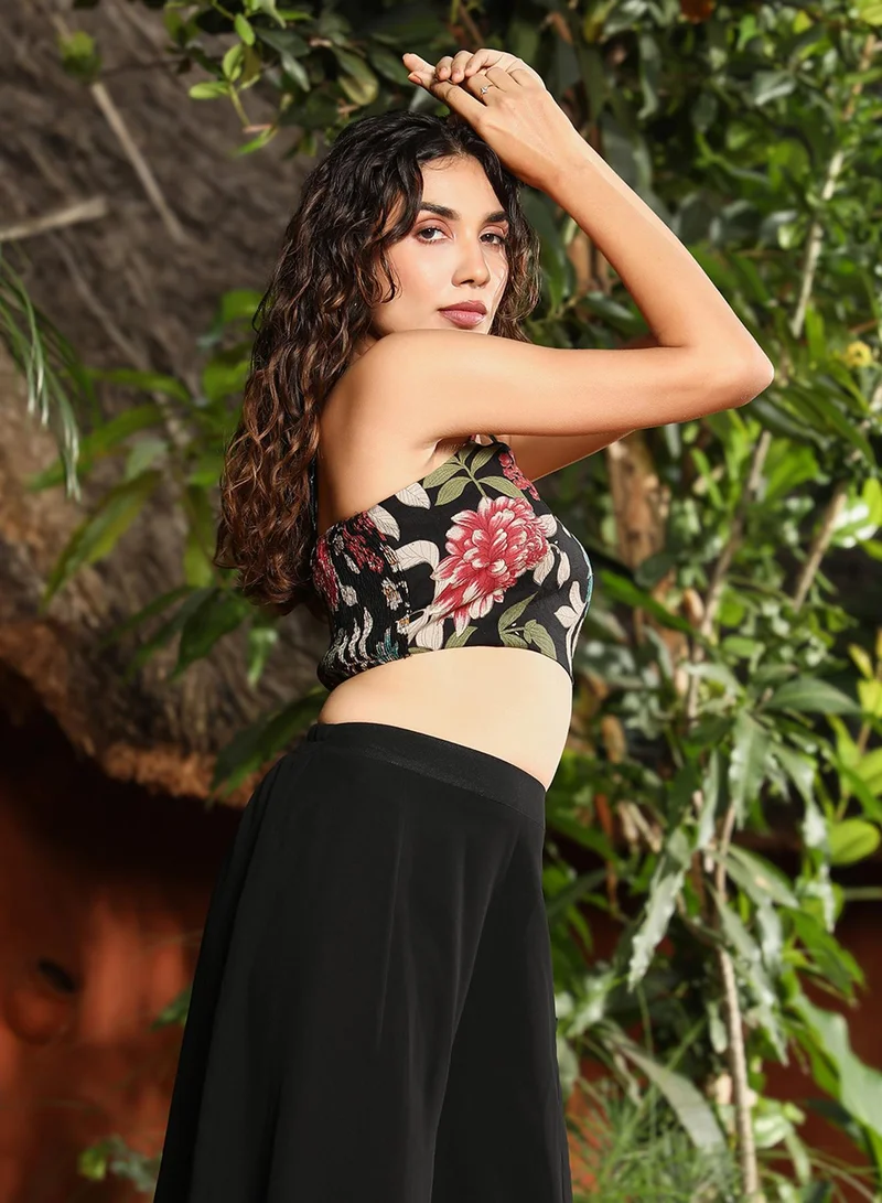 QISSA Women's Obsidian Black Botanica Flared Co-Ord Set