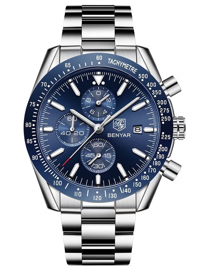 BENYAR Men's Automatic Quartz Watches 45MM Stainless Steel Case Structure Blue Dial Silver Steel Band BY5140  - Image 1