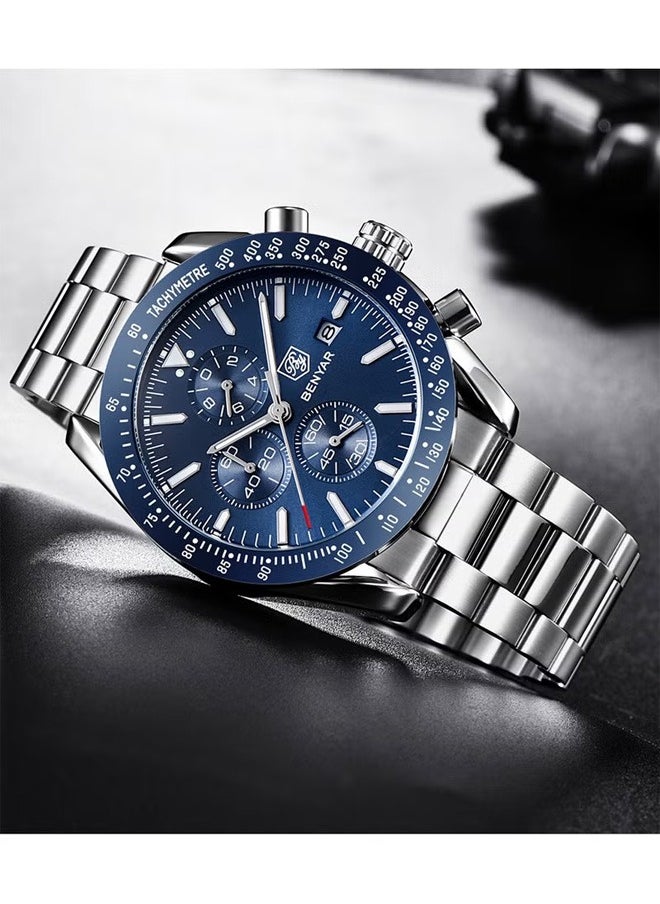 BENYAR Men's Automatic Quartz Watches 45MM Stainless Steel Case Structure Blue Dial Silver Steel Band BY5140  - Image 2