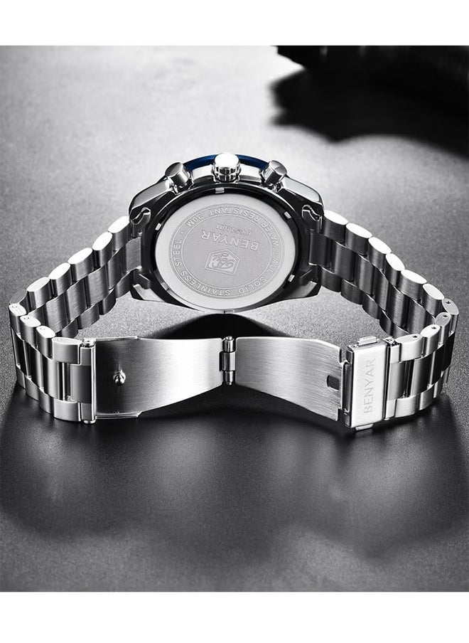 BENYAR Men's Automatic Quartz Watches 45MM Stainless Steel Case Structure Blue Dial Silver Steel Band BY5140  - Image 4