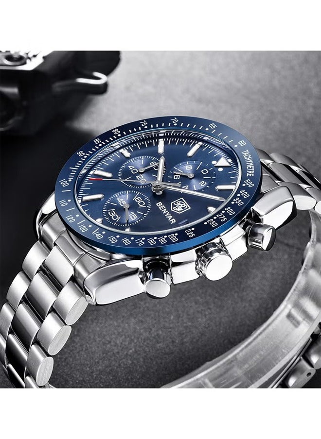 BENYAR Men's Automatic Quartz Watches 45MM Stainless Steel Case Structure Blue Dial Silver Steel Band BY5140  - Image 3