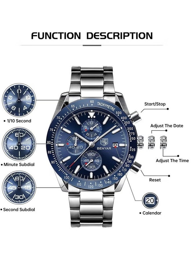 BENYAR - Men's Automatic Quartz Watches 45MM Stainless Steel Case Structure Blue Dial Silver Steel Band BY5140 - Image 1
