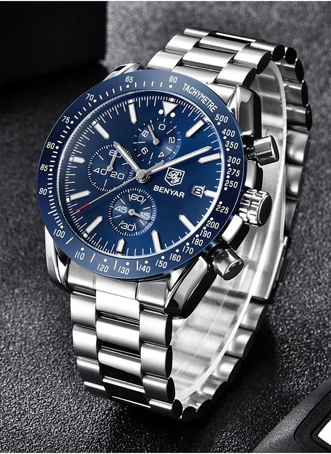 BENYAR Men's Automatic Quartz Watches 45MM Stainless Steel Case Structure Blue Dial Silver Steel Band BY5140  - Image 5