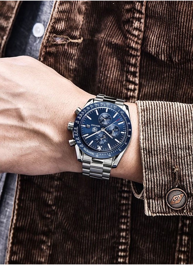 BENYAR - Men's Automatic Quartz Watches 45MM Stainless Steel Case Structure Blue Dial Silver Steel Band BY5140 - Image 1