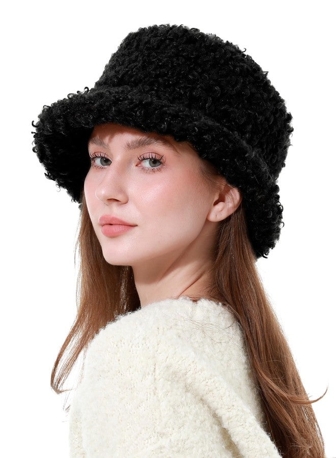 LA CARRIE Women Winter Faux Fur Bucket Hat Plush Fuzzy Furry Warm Fisherman Cap(Black) - Image 4