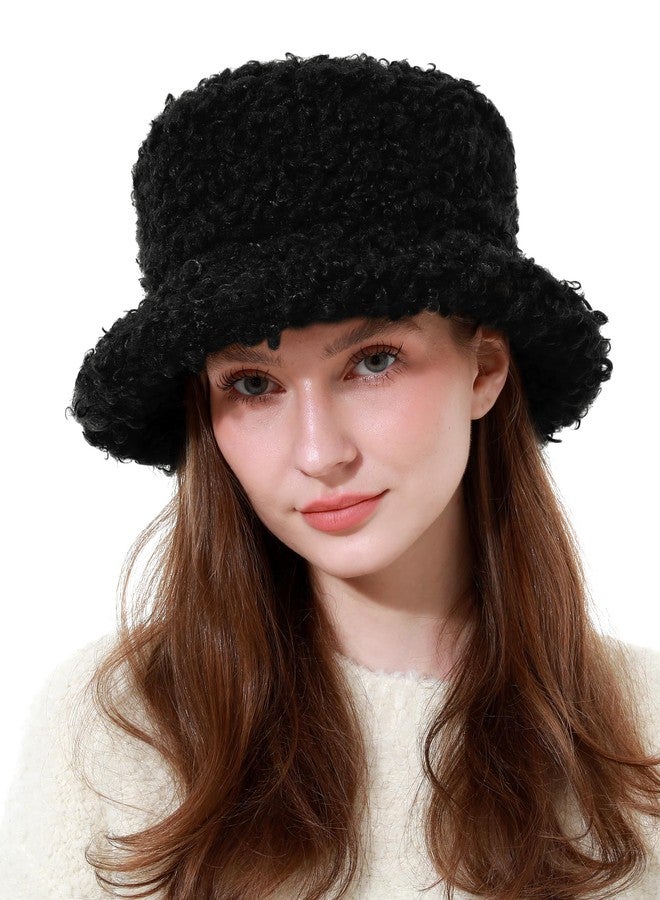 LA CARRIE Women Winter Faux Fur Bucket Hat Plush Fuzzy Furry Warm Fisherman Cap(Black) - Image 1