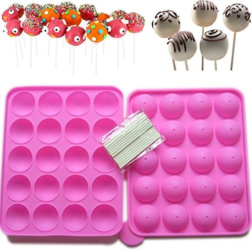 Rbenxia Silicone Cake Mold 20-cavity Half Circle Lollipop Party Cupcake Baking Mold Cake Pop Stick Mold Tray Hot Pink with 25 Sticks - Image 3
