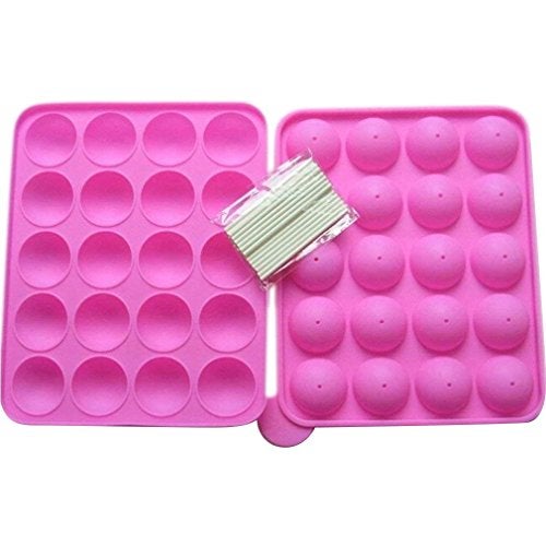 Rbenxia Silicone Cake Mold 20-cavity Half Circle Lollipop Party Cupcake Baking Mold Cake Pop Stick Mold Tray Hot Pink with 25 Sticks - Image 1