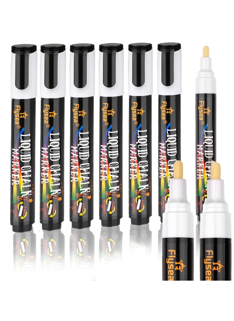 CMGTYYD Blackboard Dry Erase Markers, 6 Pack White Chalk Pen, Pens for Windows and Glass, White Liquid Markers Erasable, Chalk Markers with 3mm and 6mm Reversible Tips, Wipeable Pen for Window Drawing  - Image 1