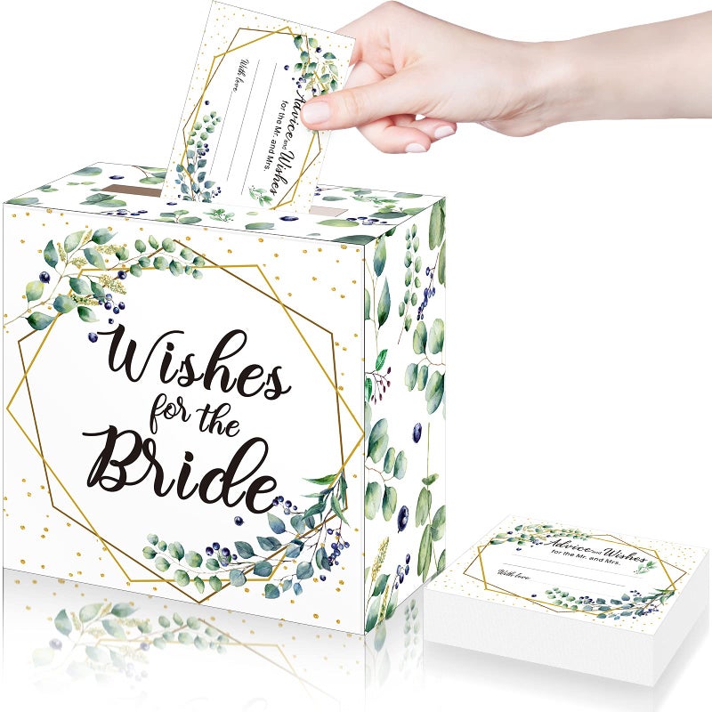 51 Pieces Wedding Advice Cards and Box Set Greenery Double Sided Advice and Wishes Card Holder Box for Wedding Decorations Bridal Shower Activity Baby Shower Party