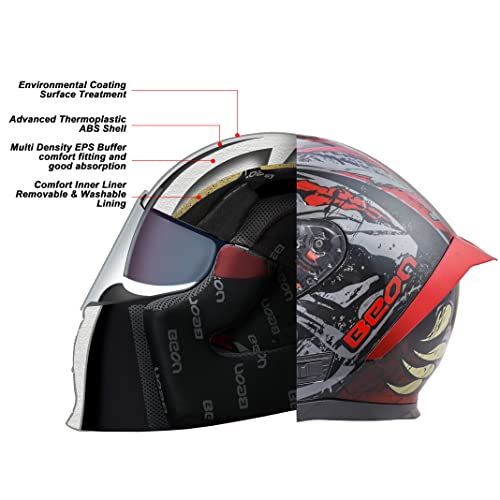 BEON Full Face Motorcycle Helmet, Street Bike Helmet with Clear&Tinted Visors and Multiple Vents, Motocross Casco DOT Approved for Adult Men Women, S-XL (L, Glossy Red) - Image 3