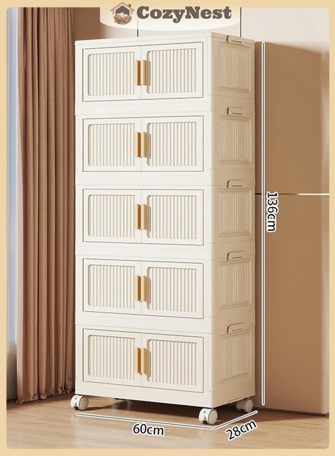 كوزينيست خزانة تخزين بلاستيكية قابلة للطي من 5 طبقات مع الأبواب والعجلات المقلبة ، 60 سم عريضة قابلة للطي صناديق المنظم للملابس والألعاب واللوازم المكتبية - Image 1