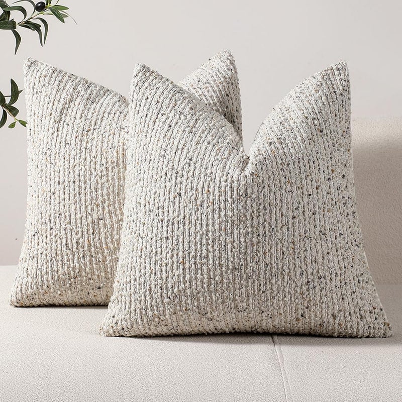 DEZENE Striped Throw Pillow Covers 18x18 Set of 2 Cream Grey Textured Boucle Chic Morden Boho Accent Farmhouse Square Decorative Couch Pillow Covers for Home Decor Bed Sofa Living Room - Image 1