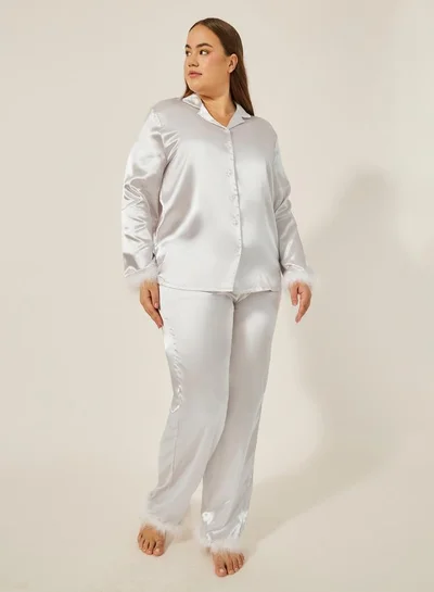 Styli Plus Size Satin Faux Feather Trim Shirt and Pyjama Pants Set