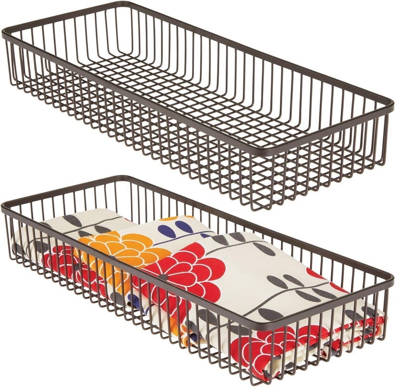AUM ENTERPRISE 2pcs Metal Farmhouse Kitchen Cabinet Drawer Organizer Basket Tray Shallow Storage Bin for Cutlery Serving Spoons Cooking Utensils Unity Collection Baskets Bathroom Organiser - Image 1