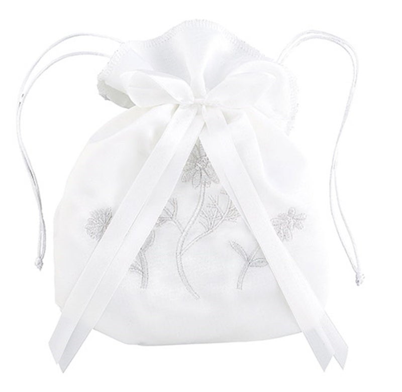 Sacred Traditions KOKSII Sacred Traditions White Satin First Communion Drawstring Purse with Embroidered Flowers and Bow, 7 Inch - Image 1