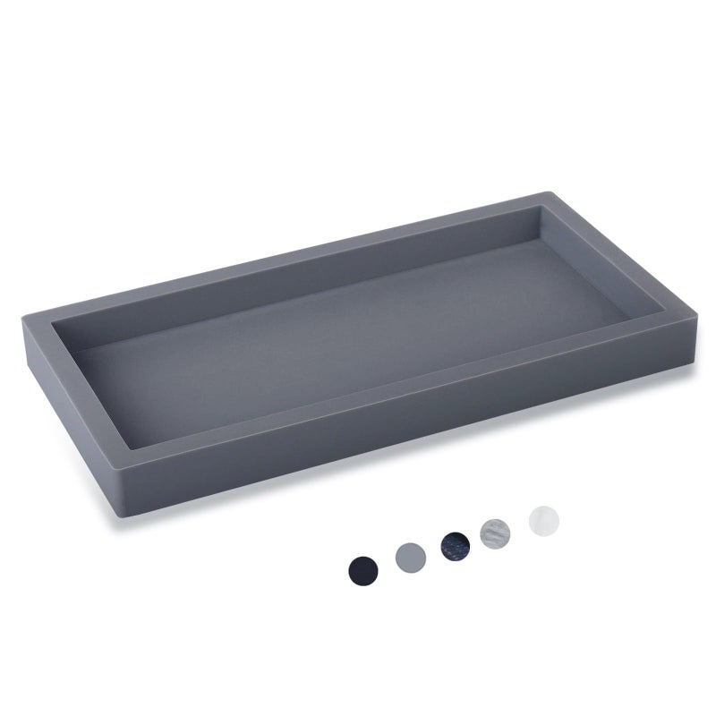 Small Silicone Bathroom Vanity Tray Rectangle Soap and Sponge Holder Kitchen Sink Organizer for Scrubber Lotion Bottles Perfume Jewelry Candle Key Trinket Ring Grey
