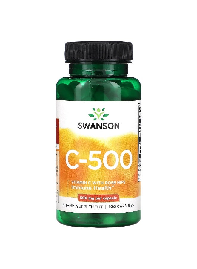SWANSON سوانسون، C-500، فيتامين C مع وردة الهيب، 100 كبسولة - Image 1