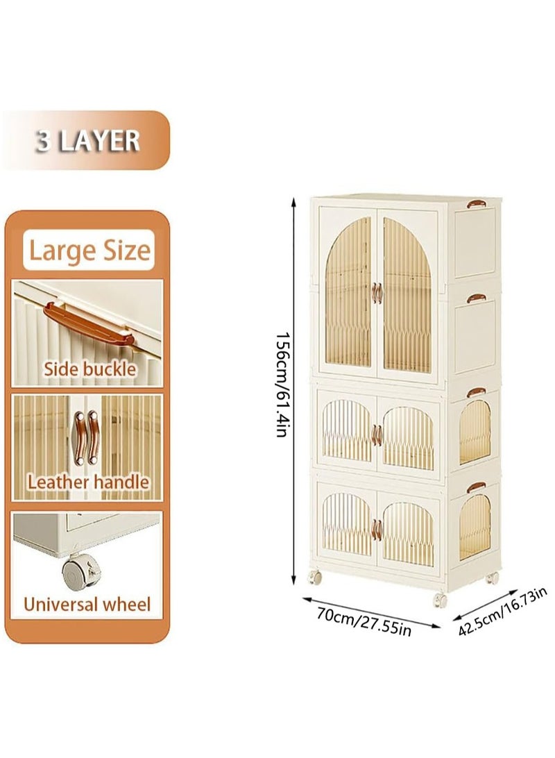 Generic Foldable Storage Bins Stackable Storage Box Organizer Plastic Folding Stoarge Wardrobe Cabinet with Doors and Wheels for Home Bedroom Dormitory Baby Clothes Snacks Toys Books (156x70x42.5cm Beige)  - Image 2