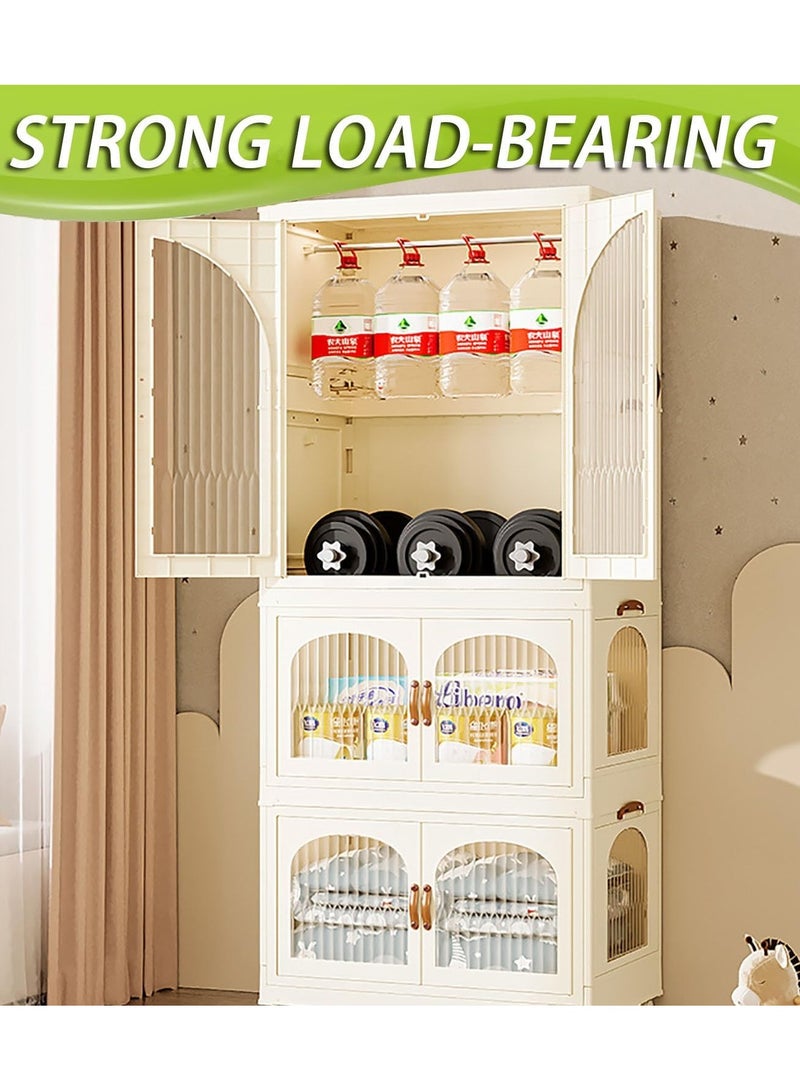 Generic Foldable Storage Bins Stackable Storage Box Organizer Plastic Folding Stoarge Wardrobe Cabinet with Doors and Wheels for Home Bedroom Dormitory Baby Clothes Snacks Toys Books (156x70x42.5cm Beige)  - Image 5