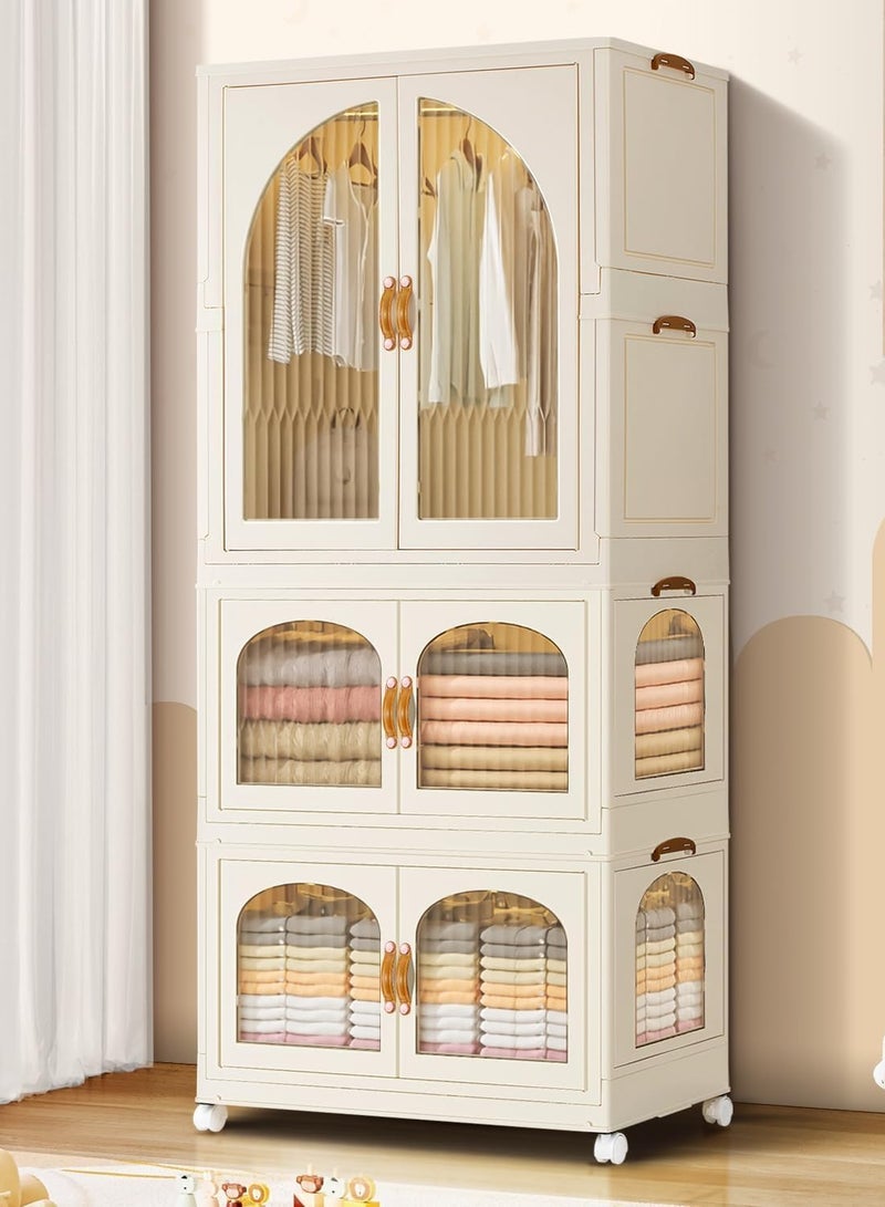 Generic Foldable Storage Bins Stackable Storage Box Organizer Plastic Folding Stoarge Wardrobe Cabinet with Doors and Wheels for Home Bedroom Dormitory Baby Clothes Snacks Toys Books (156x70x42.5cm Beige)  - Image 1