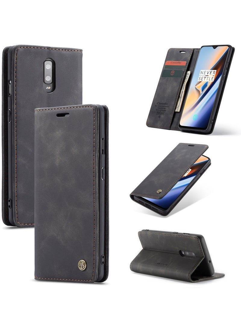 CaseMe Oneplus 7 Wallet Case Book Folding Flip Folio Case with Magnetic Kickstand Card Slots Protective Cover - Black - Image 1