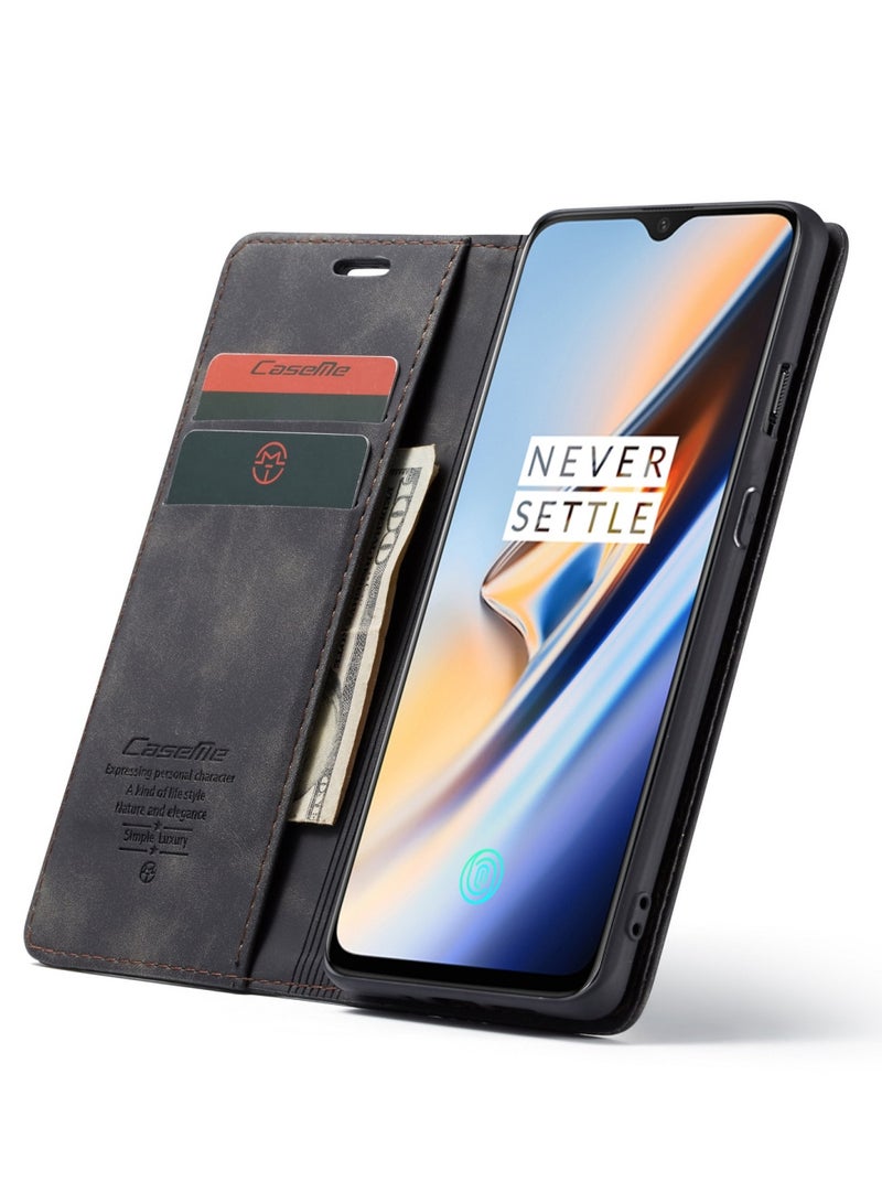 CaseMe Oneplus 7 Wallet Case Book Folding Flip Folio Case with Magnetic Kickstand Card Slots Protective Cover - Black - Image 4