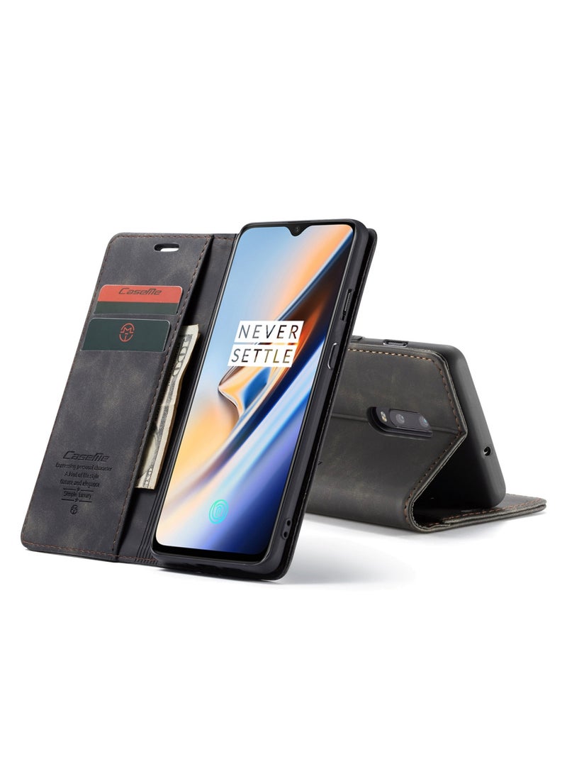 CaseMe Oneplus 7 Wallet Case Book Folding Flip Folio Case with Magnetic Kickstand Card Slots Protective Cover - Black - Image 5
