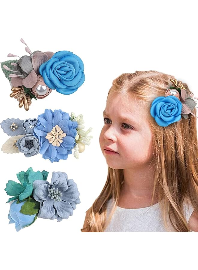 KASTWAVE Flower Hair Clip For Baby Girl 3 Pcs Lightweight Floral Hair Bow With Boutique Fully Lined Alligator Beach Party Bridal Accessories For Toddler Women Teens Gifts (Blue) - Image 1