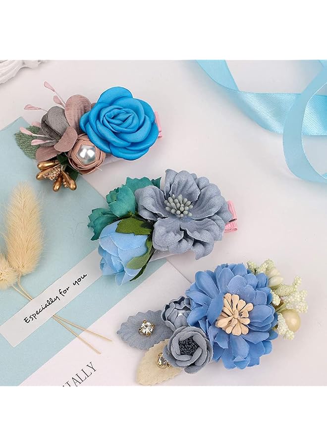 KASTWAVE Flower Hair Clip For Baby Girl 3 Pcs Lightweight Floral Hair Bow With Boutique Fully Lined Alligator Beach Party Bridal Accessories For Toddler Women Teens Gifts (Blue) - Image 2